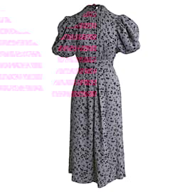 Autre Marque-Rotate Puffed Sleeve Midi Noon Dress in Pink Floral Printed Viscose-Pink