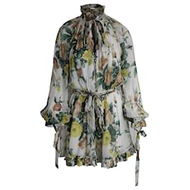Zimmermann-Zimmermann Zippy Tie-Neck Floral Romper in Multicolor Viscose-Multiple colors