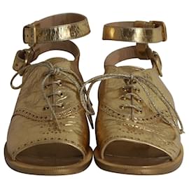 Chanel-Chanel Metallic Brogue Style Open Toe Sandals in Gold Calfskin Leather-Golden
