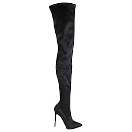 Christian Louboutin-Christian Louboutin Montana 120 Thigh High Boots in Black Satin-Black