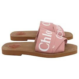 Chloé-Chloe Logo Straps Woody Flats in Pink Canvas -Other