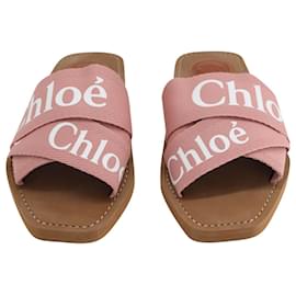 Chloé-Chloe Logo Straps Woody Flats en Toile Rose-Autre