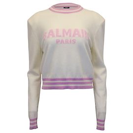 Kurzer Pullover mit Balmain-Logo aus cremefarbener Wolle Weiß Roh