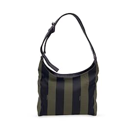 Fendi-Green and Black Striped Pequin Canvas Small Hobo Bag-Green