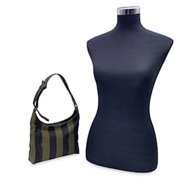 Fendi-Green and Black Striped Pequin Canvas Small Hobo Bag-Green