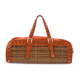 Fendi-Wicker and Orange Leather Studded Tote Handbag Satchel-Orange