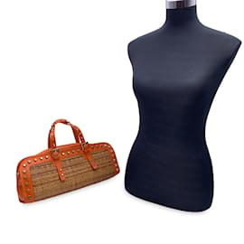 Fendi-Wicker and Orange Leather Studded Tote Handbag Satchel-Orange