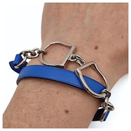 Hermès-Bracelet Hérmes Etrier Tour en cuir bleu ciel-Bleu clair