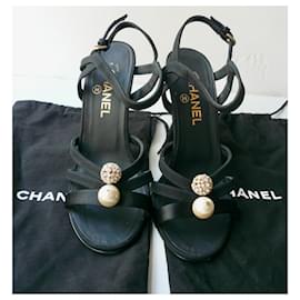 Chanel-CHANEL T lined pearl jewel sandals39C very good condition-Black