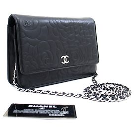 CHANEL Black Camellia Embossed Wallet On Chain WOC Shoulder Bag Black