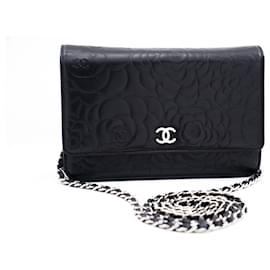 Chanel-CHANEL Black Camellia Embossed Wallet On Chain WOC Shoulder Bag-Black