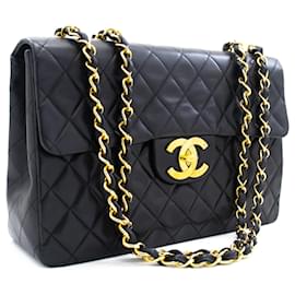 Chanel-CHANEL Clássico Grande 13" Bolsa de ombro de corrente com aba pele de cordeiro preta-Preto