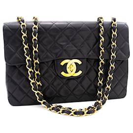 Chanel-CHANEL Clássico Grande 13" Bolsa de ombro de corrente com aba pele de cordeiro preta-Preto