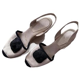 Chanel Espadrilles High Heels Black Camelia Cloth 37 Black Eggshell