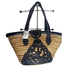 Agnès b. Raffia and Black Leather Tote Bag Black Beige