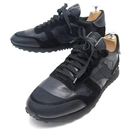 Valentino-VALENTINO SHOES ROCKRUNNER SNEAKERS 45 CANVAS & BLACK LEATHER SNEAKERS SHOES-Black