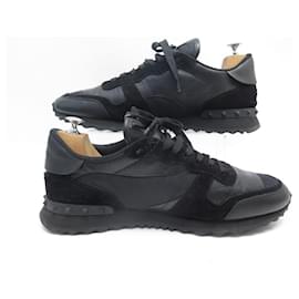 Valentino-VALENTINO SHOES ROCKRUNNER SNEAKERS 45 CANVAS & BLACK LEATHER SNEAKERS SHOES-Black