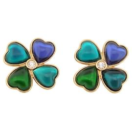 VINTAGE PAR DE BROCHES YVES SAINT LAURENT CLOVER PATE DE VERRE PINS BROCHE Dorado