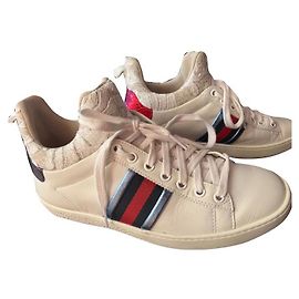 Gucci Tênis feminino em couro branco com tecido rendado primavera verão Branco