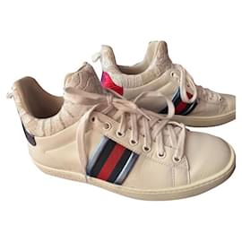 Gucci-White leather women's tennis with spring summer lace fabric-White
