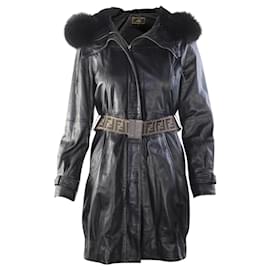 Fendi-Long Leather Coat -Black