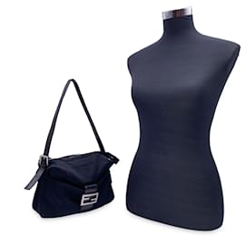 Fendi-Black Fabric Front Pocket Baguette Shoulder Bag Handbag-Black