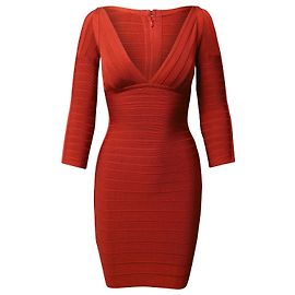 Herve Leger Vestido bandagem com decote em V vermelho Rayon Vermelho