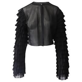 Alaïa-Alaia Cropped Ruffled Sleeve Cardigan in Black Silk-Black