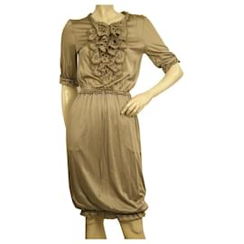 Yves Saint Laurent viscose coton robe midi manches courtes dentelle volants taille S Taupe