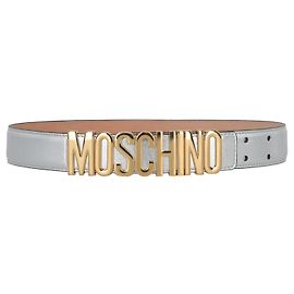Moschino Lettering Logo Metallic Belt Silvery Metallic