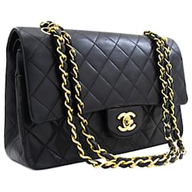 Chanel-CHANEL Classic Double Flap 10" Chain Shoulder Bag Black Lambskin-Black