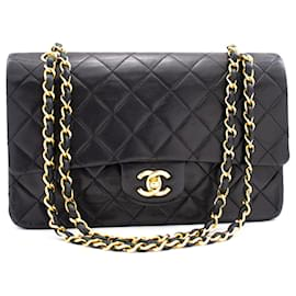 Chanel-Aba forrada Chanel Classic 10"Bolsa de Ombro em Corrente Pele de Cordeiro Preta-Preto