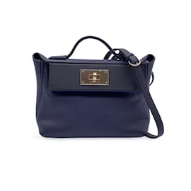 Hermès-Hermes Midnight Blue Black Leather 24/24 Handbag with Strap 21 cm-Blue