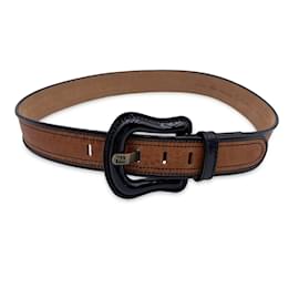 Fendi-Tan and Black Leather B Buckle Belt Patent Leather Size 90/36-Brown