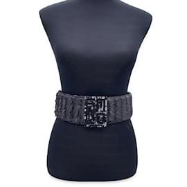 Fendi-Black Bumped Leather Elastic Wide Belt Logo Buckle Size 75/30-Black