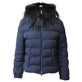 Prada Giubbotto Imbottito con Collo in Pelliccia in Poliestere Blu Navy Blu Blu navy