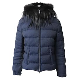 Prada-Prada Padded Jacket with Fur Collar in Navy Blue Polyester-Blue,Navy blue