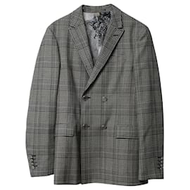Burberry-Burberry Slim-Fit Check Double-Breasted Jacket in Grey Wool-Grey