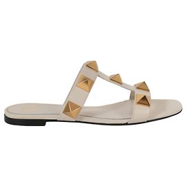 Valentino Flat Roman Stud Slide Sandal White Cream