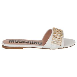 Moschino Crystal Embellished Logo Flat Sandals White