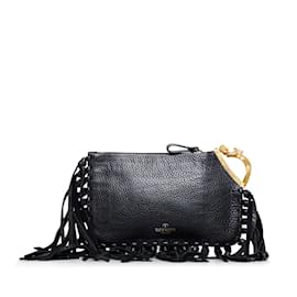 Valentino-Leather C-Rockee Fringe Clutch Bag-Black