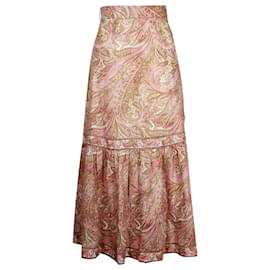Zimmermann-Zimmermann Brighton Frill Hem Midi Skirt  in Beige Print Linen-Other
