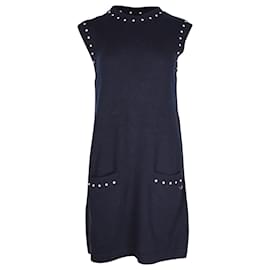 Chanel-Chanel Pearl Embellished Knit Shift Dress in Navy Blue Cotton-Blue,Navy blue