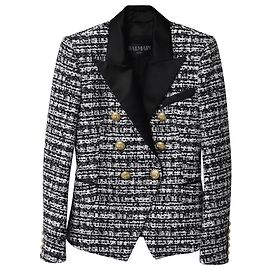 Balmain Double-Breasted Tweed Blazer in Black Acrylic Black