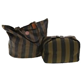 Fendi-FENDI Pecan Canvas Hand Bag 2Set Black Brown Auth bs5355-Brown,Black