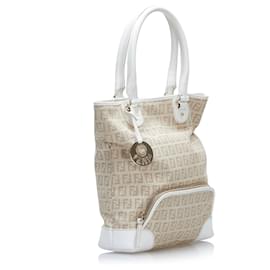Fendi-Fendi Brown Zucchino Leather Trimmed Tote-Brown,White,Beige