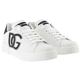 Dolce & Gabbana-Portofino Logo-Print Sneakers - Dolce&Gabbana - Leather - Black/ WHITE-White