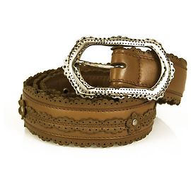 Bottega Veneta Cinturón con hebilla plateada y flor perforada de cuero marrón 80 / 32 Castaño