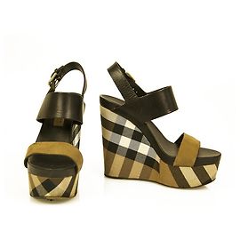 Burberry Signature Check Canvas & Leather Platform Sandals High Heels Wedges Marron