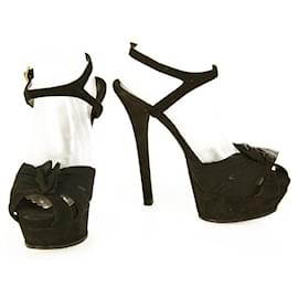 Fendi-Fendi Black Suede Tulle Flower Platform Sandals Shoes High Heels size 37-Black